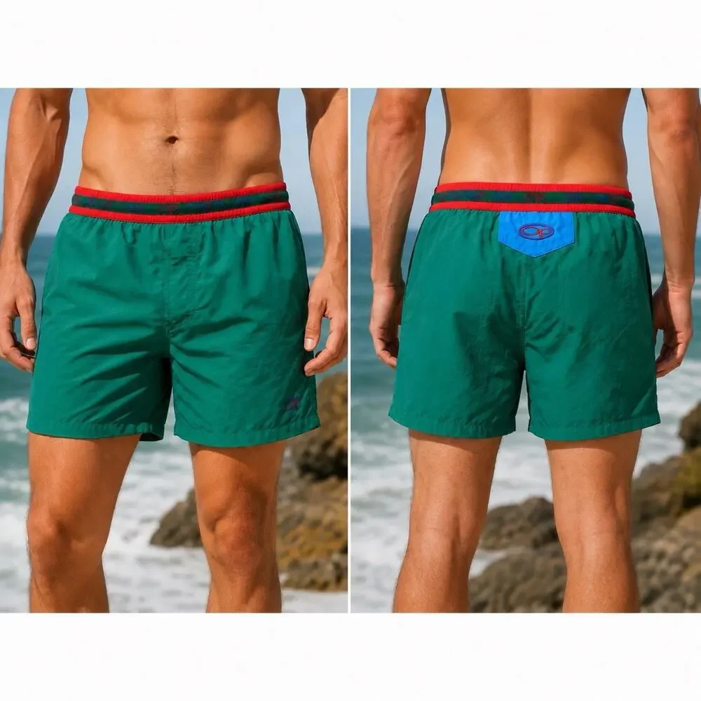 Vintage OP Ocean Pacific Swim Trunks Mens L Green Red Retro 90s Beach Shorts